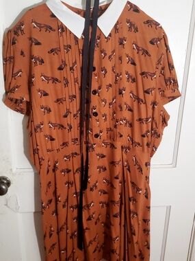 Hell Bunny Fox Print Dress with Pleated Front and Contrast Collar